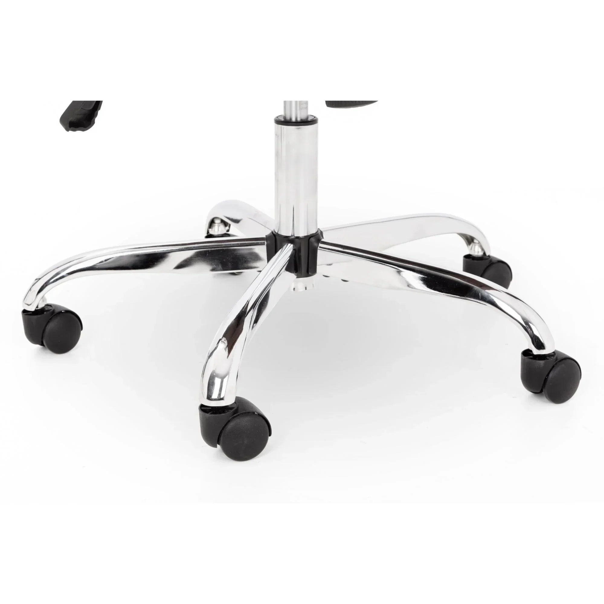 Office chair base with chrome legs and black castor wheels, close-up view