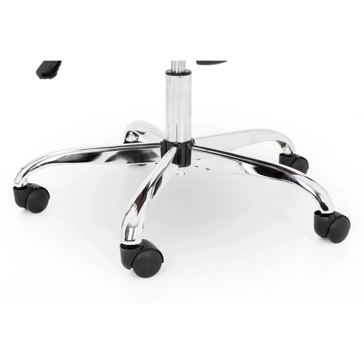 Office chair base with chrome legs and black castor wheels, close-up view