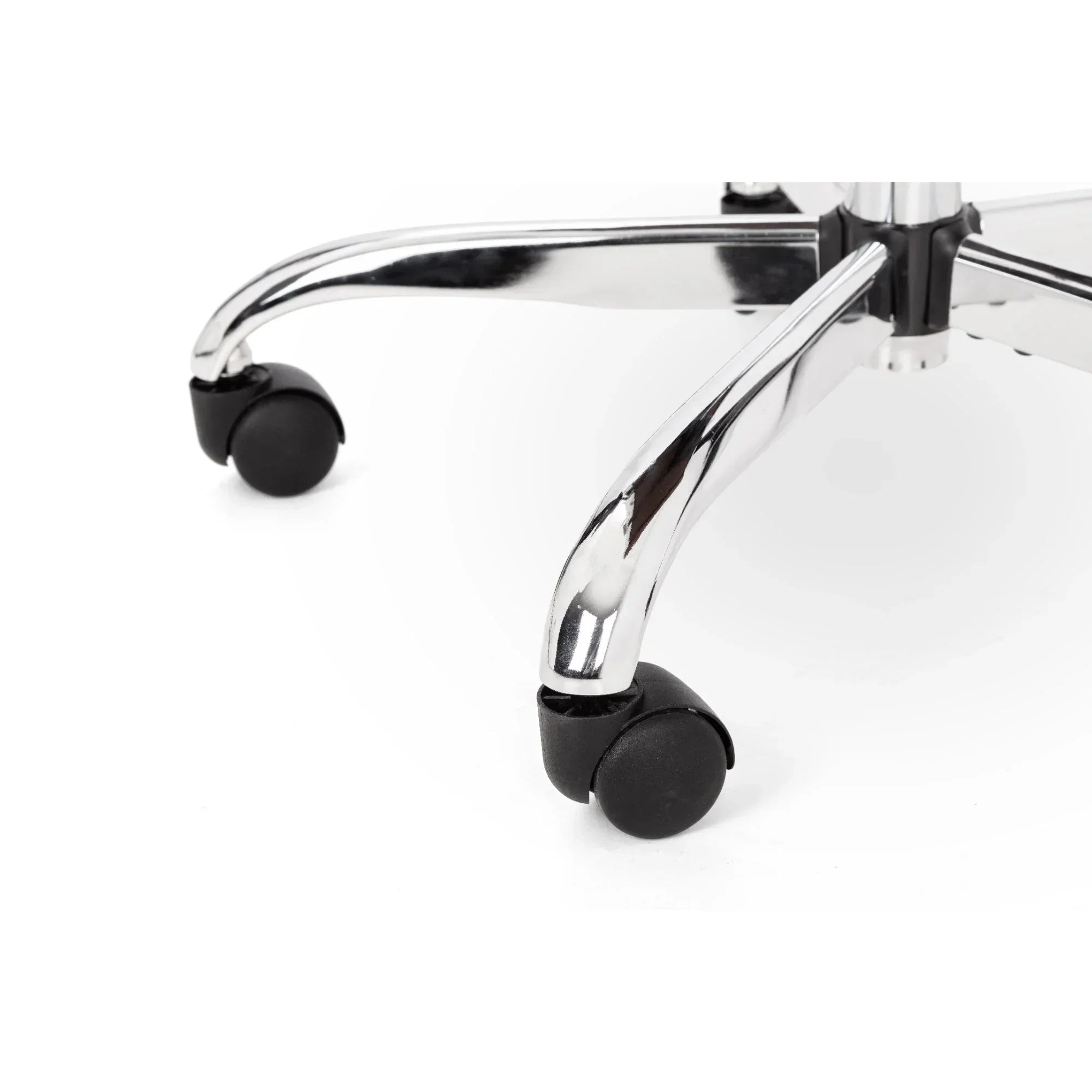 Gio office chair chrome base with black rolling castor wheels close-up