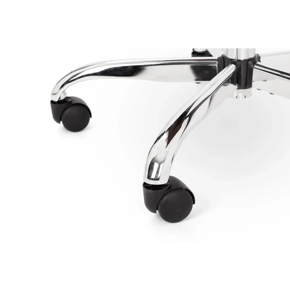Gio office chair chrome base with black rolling castor wheels close-up