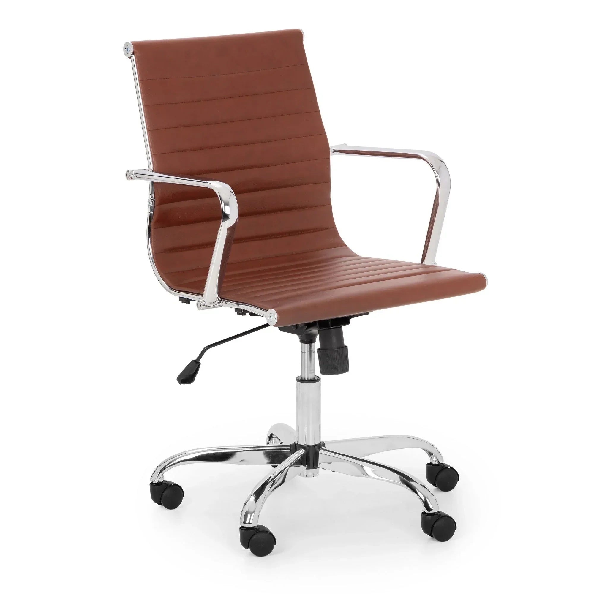 Brown office chair with chrome frame, ribbed seat, armrests and swivel base on castors