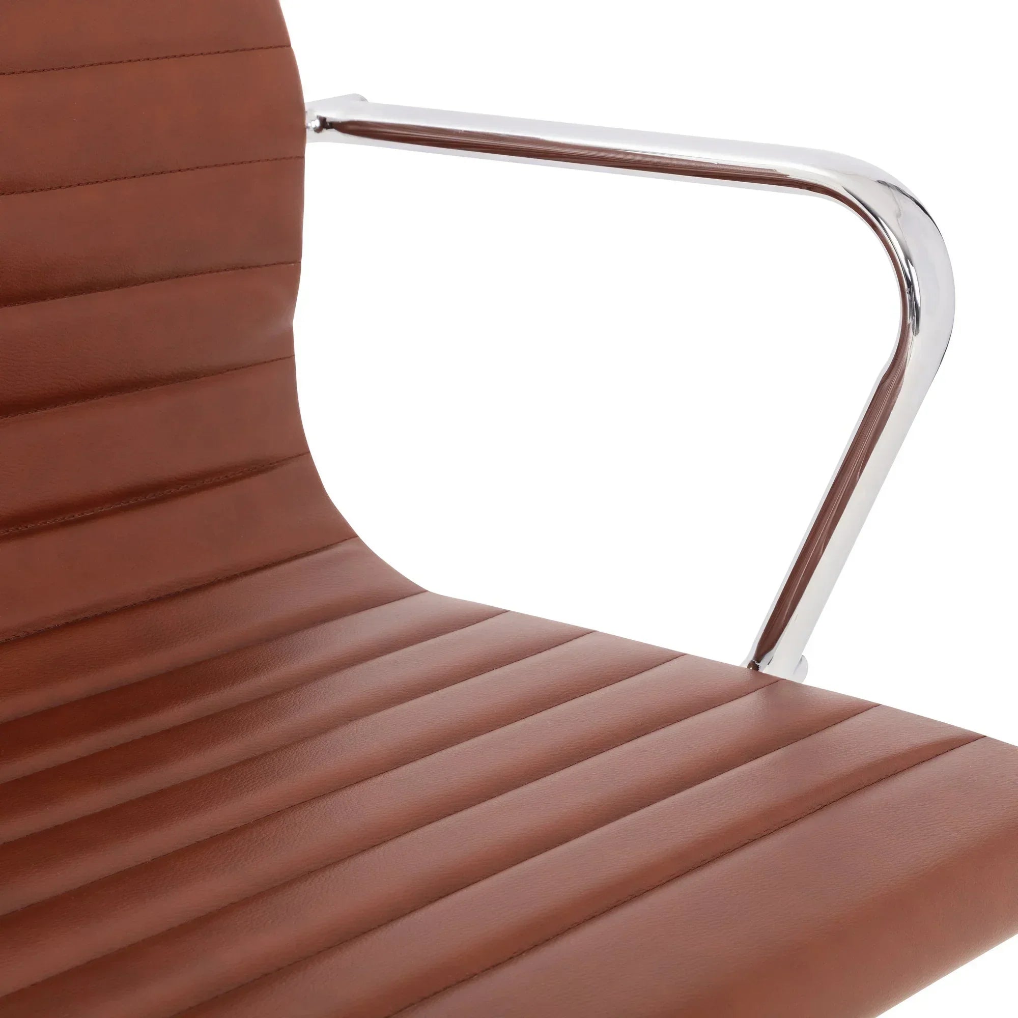 Brown leather chair with chrome armrest and ribbed seat detail close-up