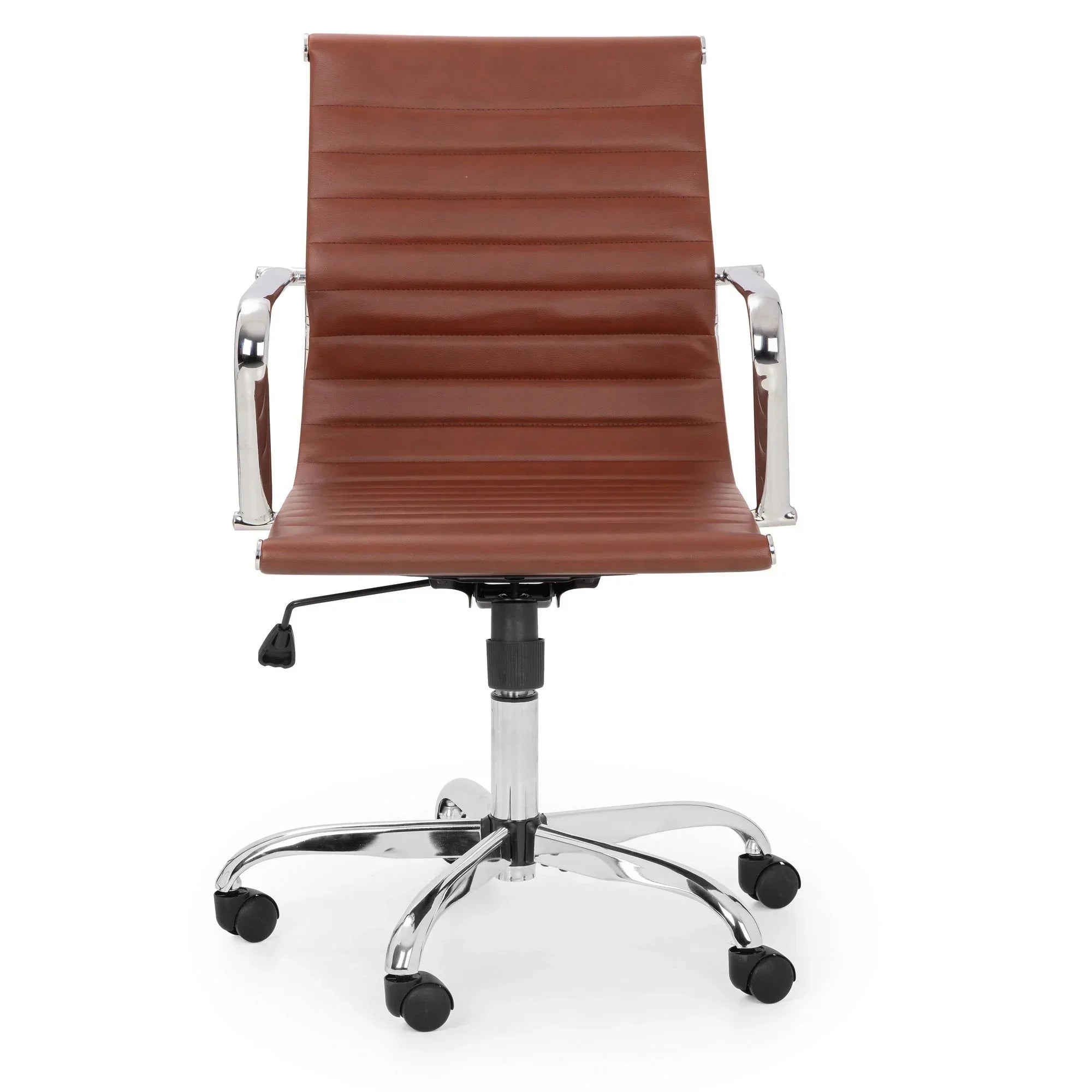 Brown office chair with chrome arms and base, adjustable height, on white background