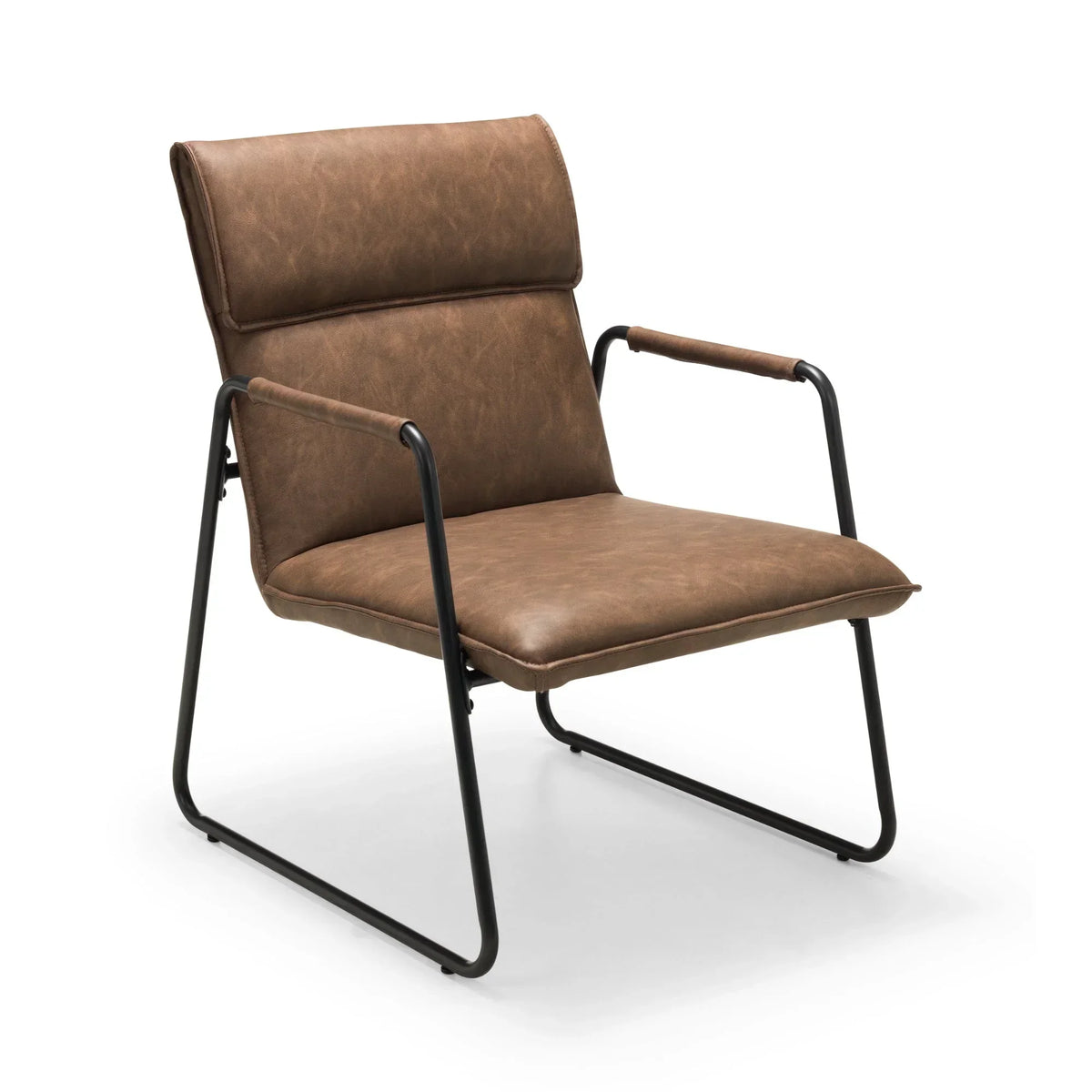 Brown leather accent chair with black metal frame and padded armrests, angled view