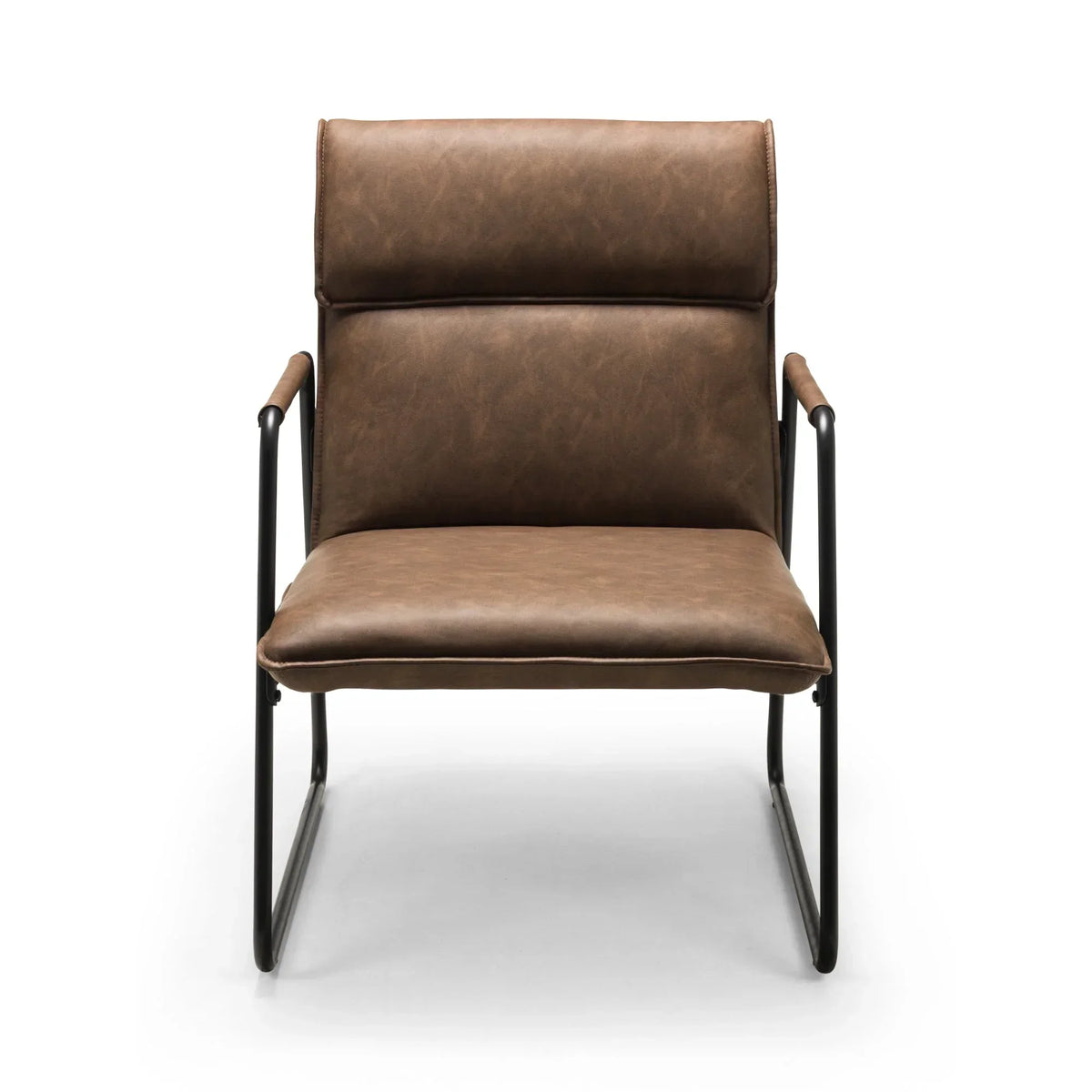 Brown leather accent chair with padded seat and black metal frame, front view