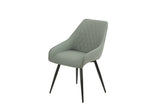 Grey dining chair with diamond-stitched backrest and black metal legs, angled view