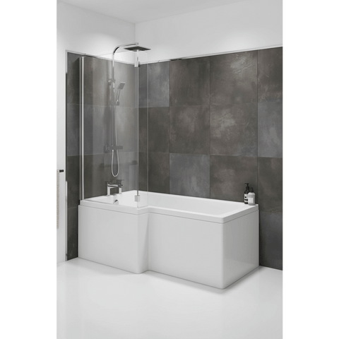 Modern bathroom with a white bathtub against a gray tiled wall.