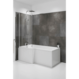 Modern bathroom with a white bathtub against a gray tiled wall.