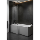 Modern bathroom with a corner bathtub and shower setup.