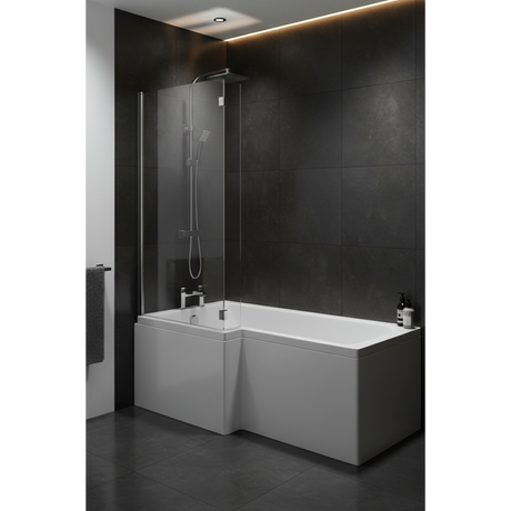 Modern bathroom with a corner bathtub and shower setup.