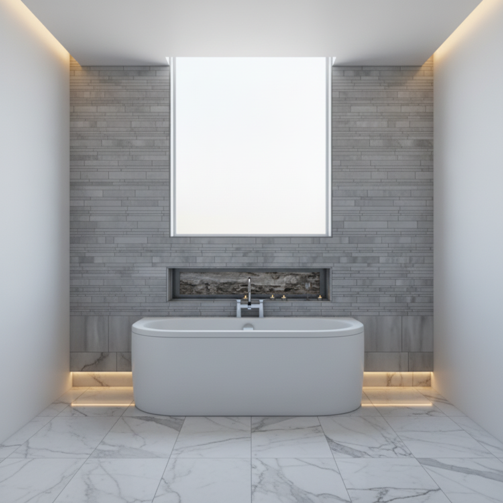 Modern freestanding bathtub in a bathroom setting with tiled wall and floor.
