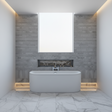 Modern freestanding bathtub in a bathroom setting with tiled wall and floor.