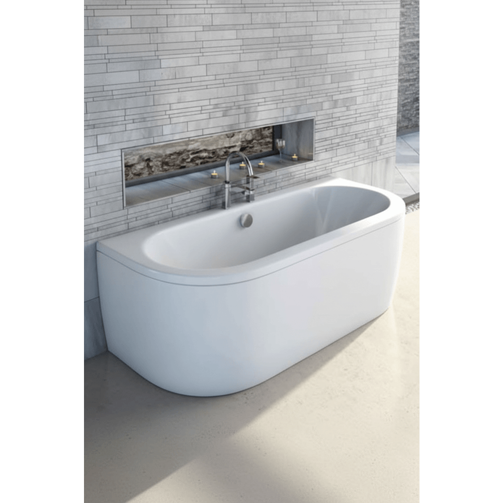 Modern freestanding bathtub in a bathroom setting with tiled wall and floor.