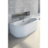 Modern freestanding bathtub in a bathroom setting with tiled wall and floor.