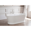 White freestanding bathtub in a bathroom with wooden flooring and white walls.