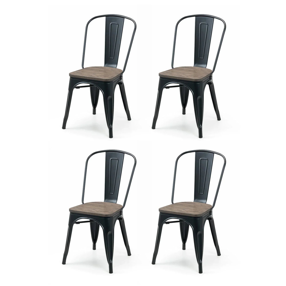 Set of 4 black metal dining chairs with curved backs and wood seats arranged on white background