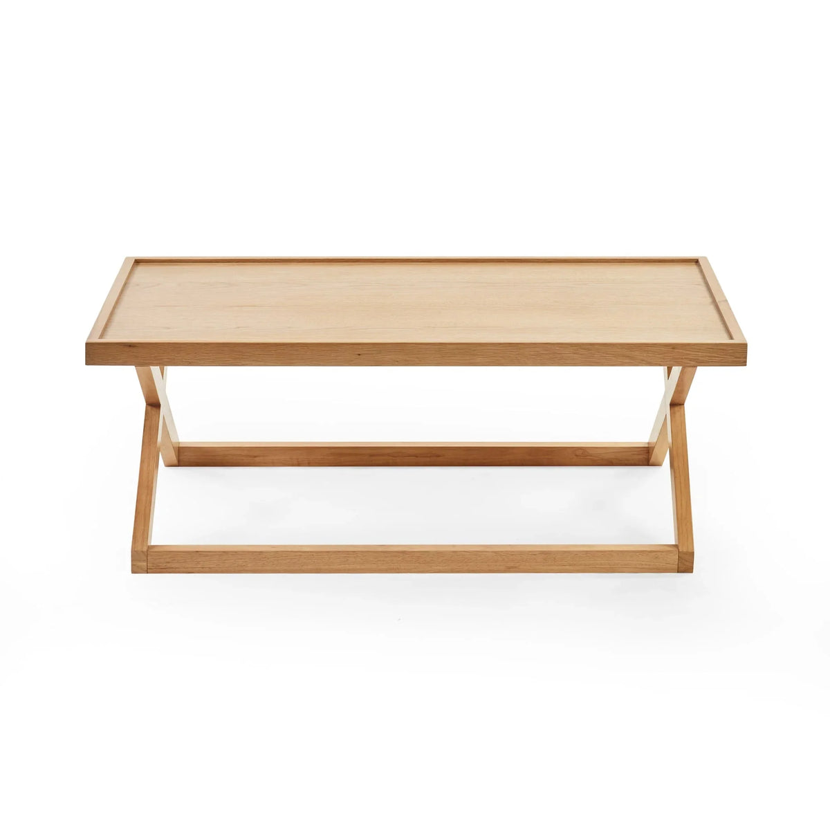Rectangular wooden coffee table with natural finish and open frame base, front view