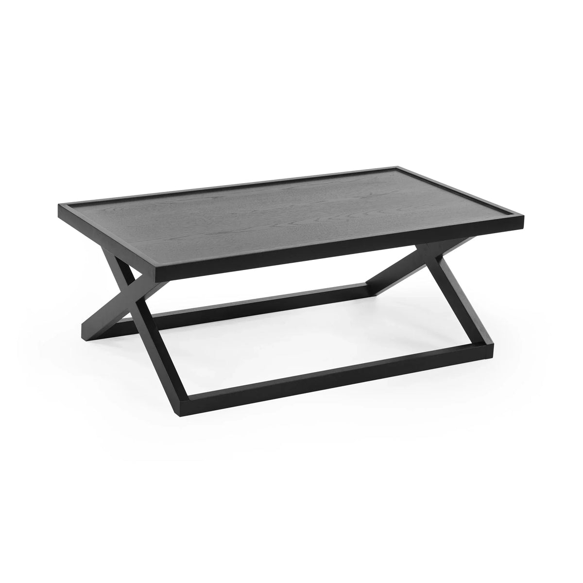 Black wooden coffee table with rectangular top and angled frame base on white background