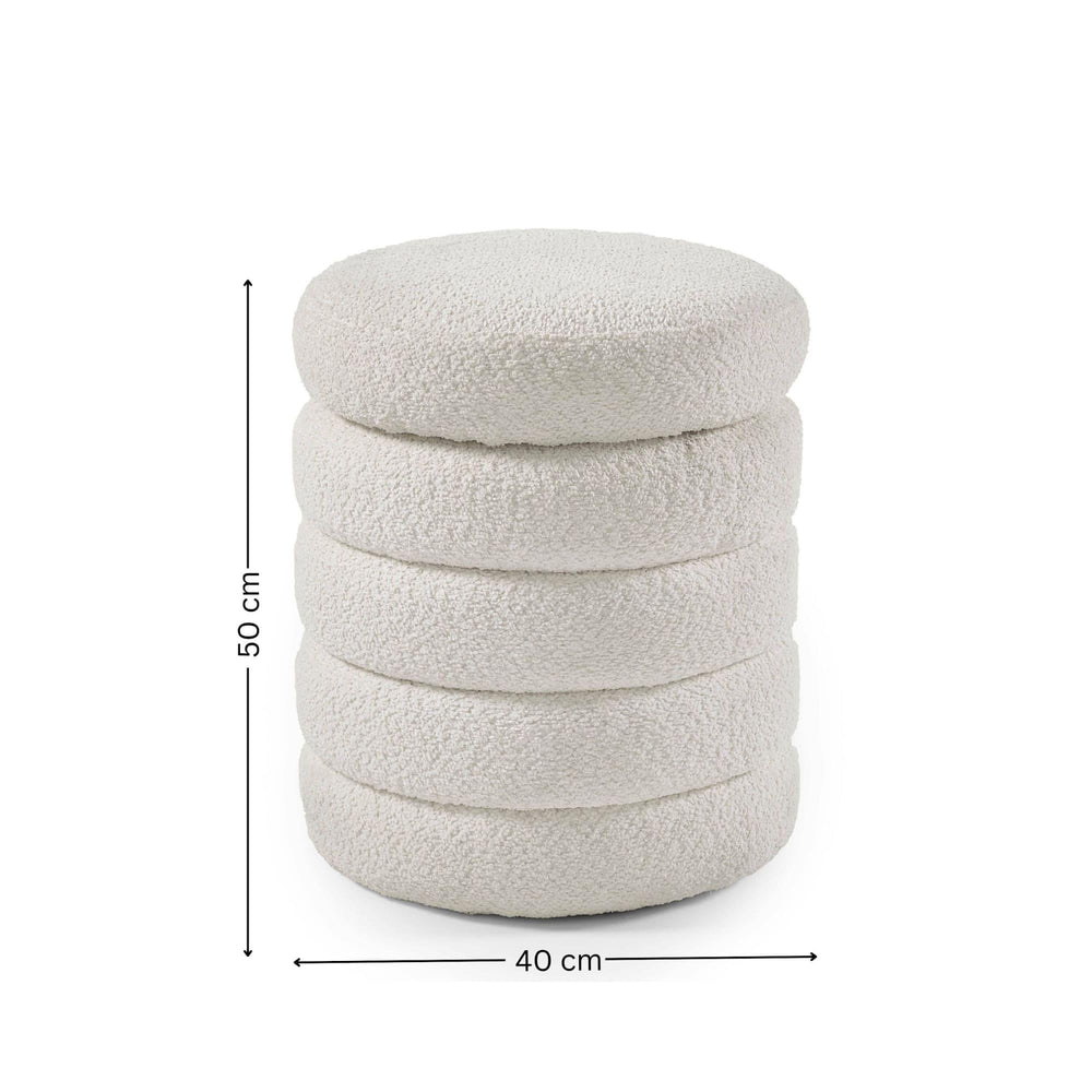 Round cream boucle ottoman footstool with dimensions 50 cm height and 40 cm diameter