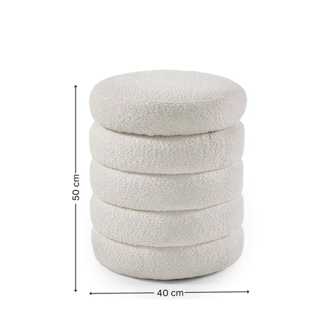 Round cream boucle ottoman footstool with dimensions 50 cm height and 40 cm diameter