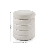 Round cream boucle ottoman footstool with dimensions 50 cm height and 40 cm diameter
