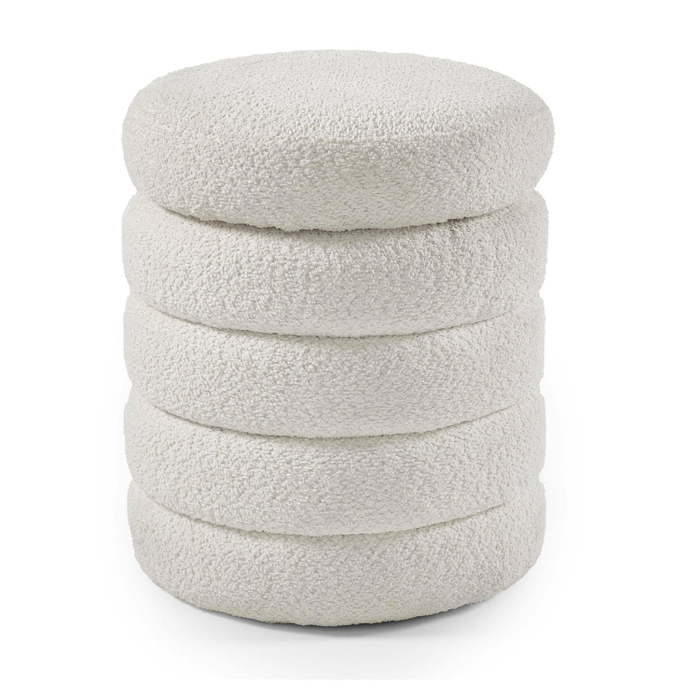 Round cream boucle ottoman footstool with layered cylindrical design