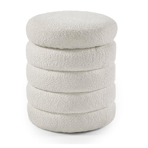 Round cream boucle ottoman footstool with layered cylindrical design