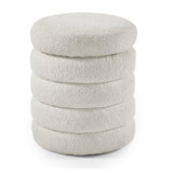 Round cream boucle ottoman footstool with layered cylindrical design