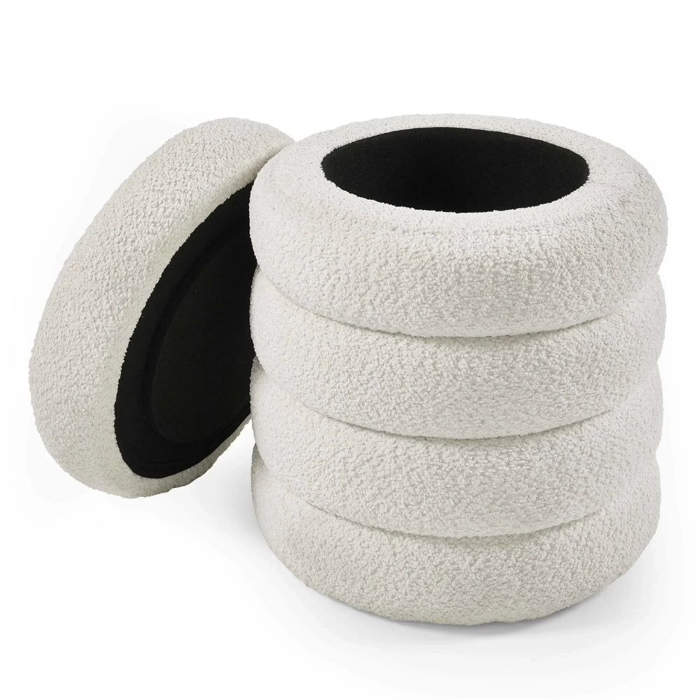 Round boucle storage ottoman with lid in white and black interior, modern accent furniture