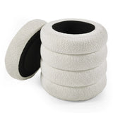 Round boucle storage ottoman with lid in white and black interior, modern accent furniture