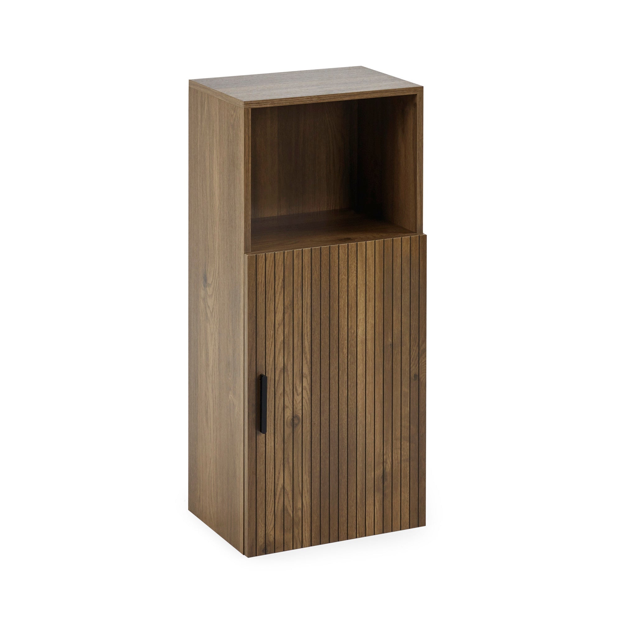 Front view of tall brown wooden bathroom storage cabinet with open top shelf and closed door with vertical lines.