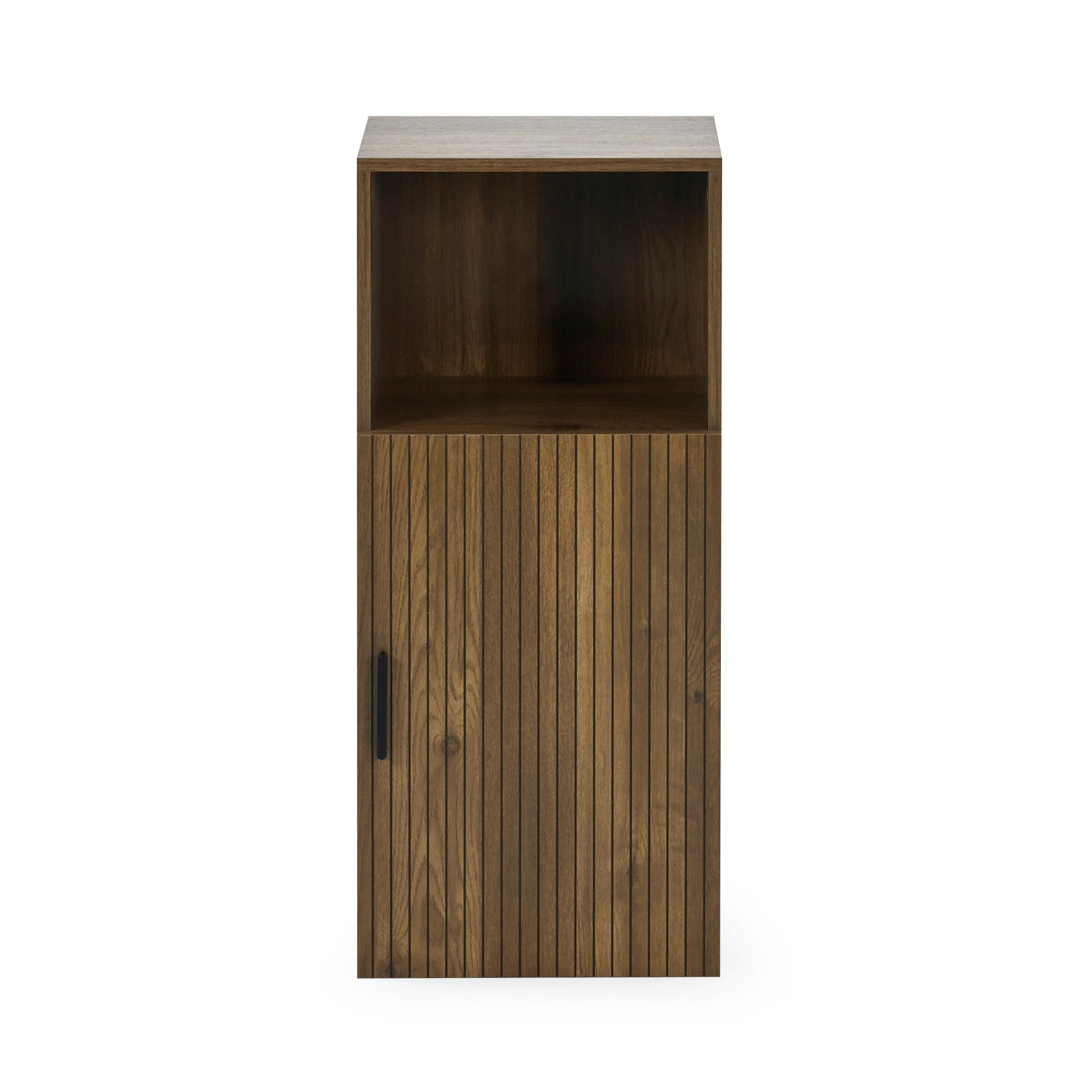 Front view of tall brown bathroom cabinet with open top shelf and vertical slatted door, isolated on white background.