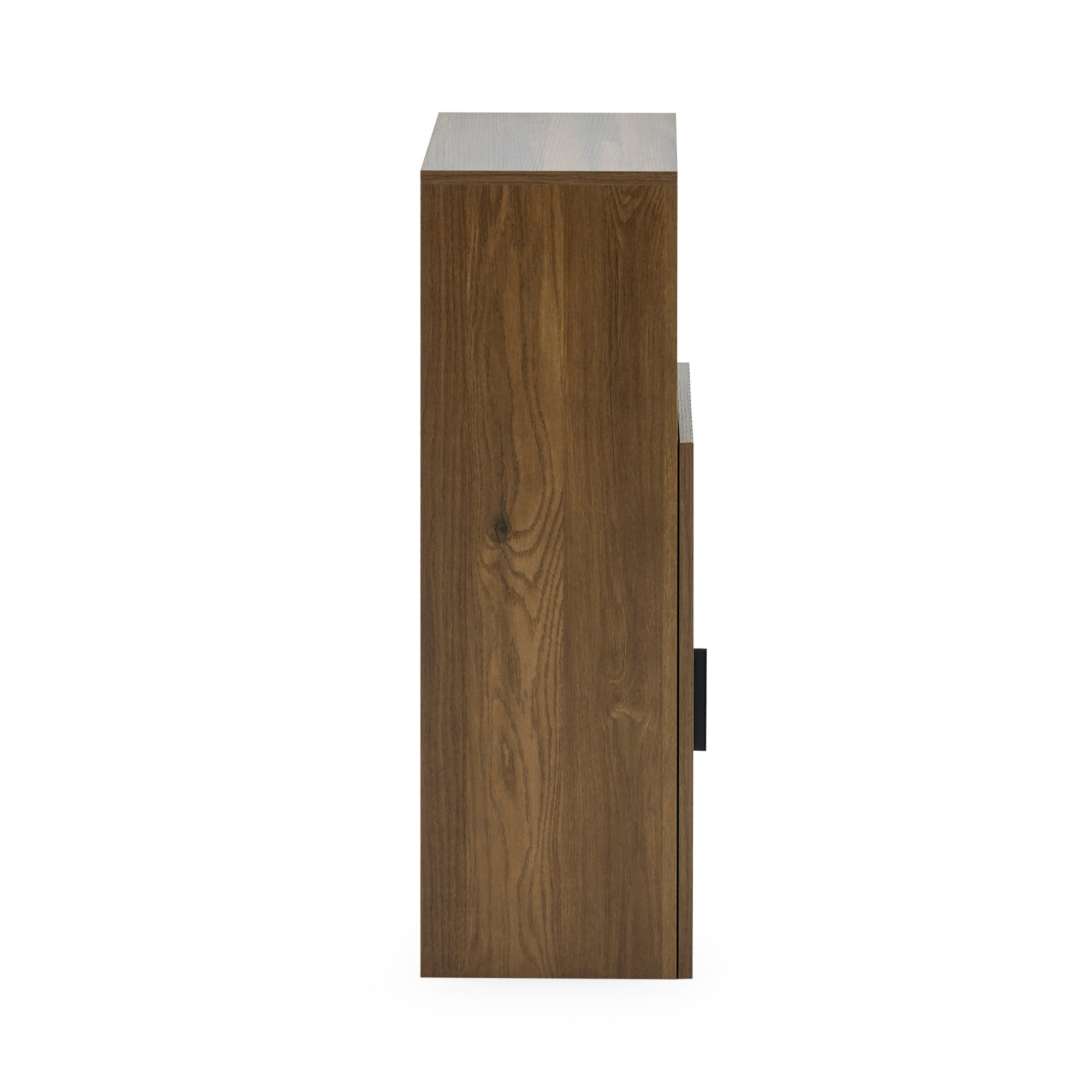 Side view of tall brown wooden bathroom storage cabinet with smooth finish on white background.