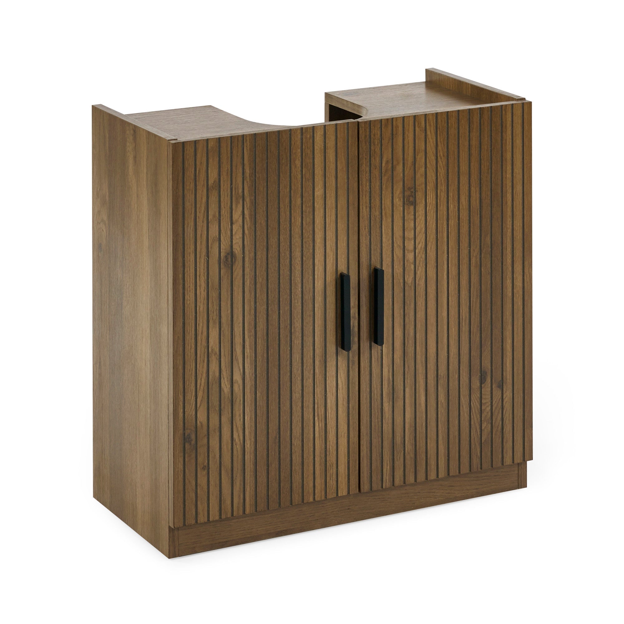 Under sink bathroom storage unit with vertical groove design and black handles, product studio view