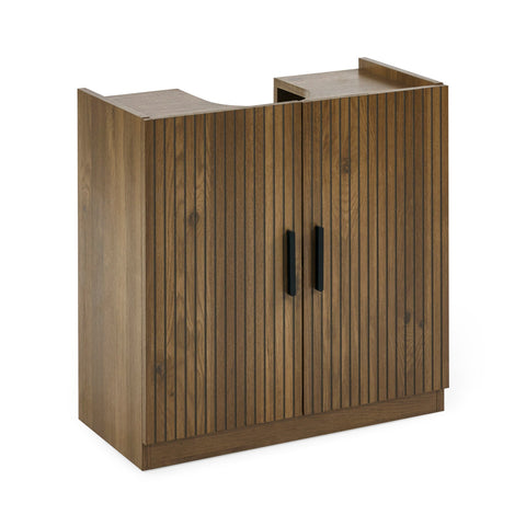 Under sink bathroom storage unit with vertical groove design and black handles, product studio view