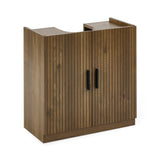 Under sink bathroom storage unit with vertical groove design and black handles, product studio view
