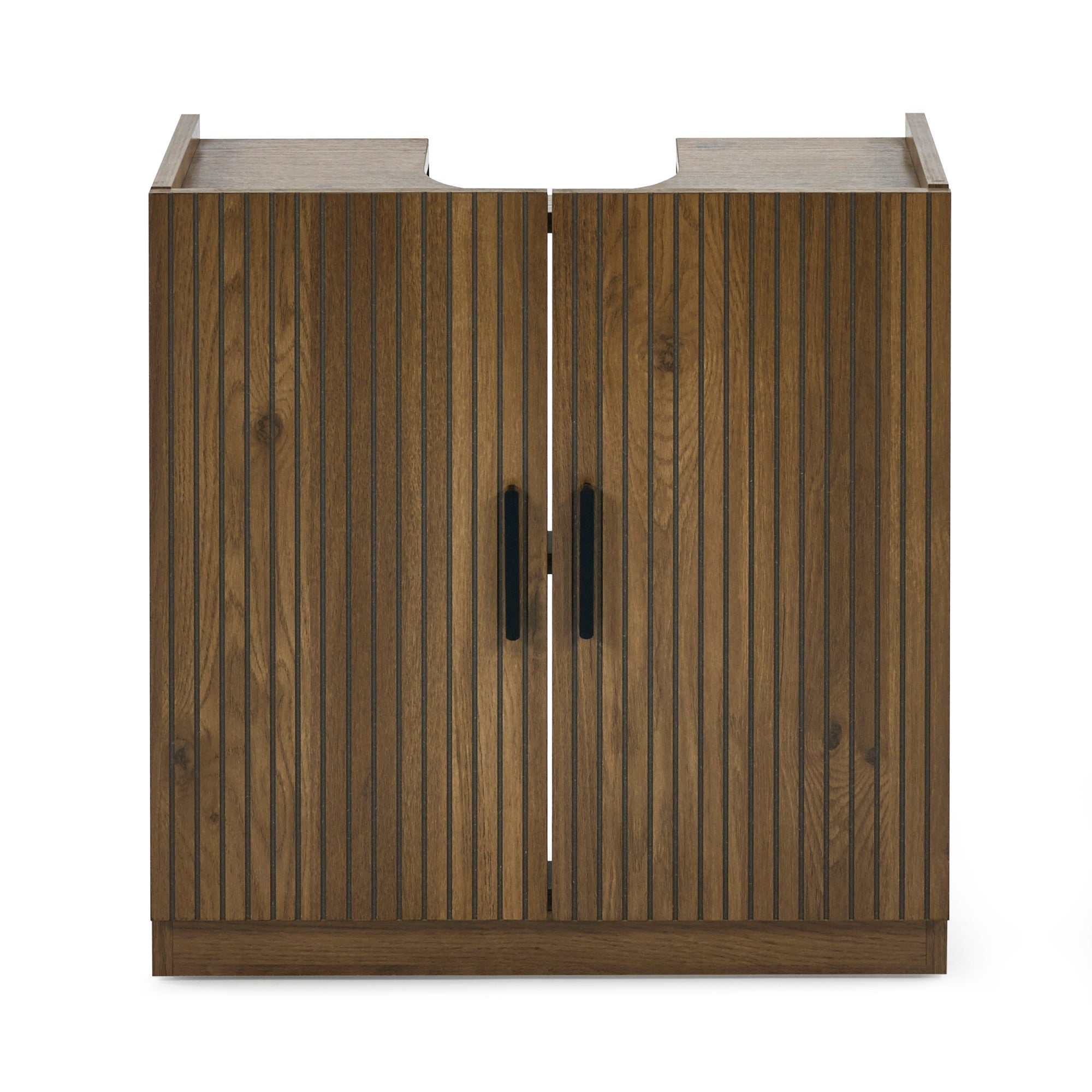 Side view of wooden under sink bathroom unit showing textured wood grain finish and groove detail