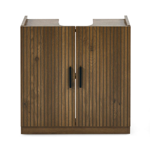 Side view of wooden under sink bathroom unit showing textured wood grain finish and groove detail