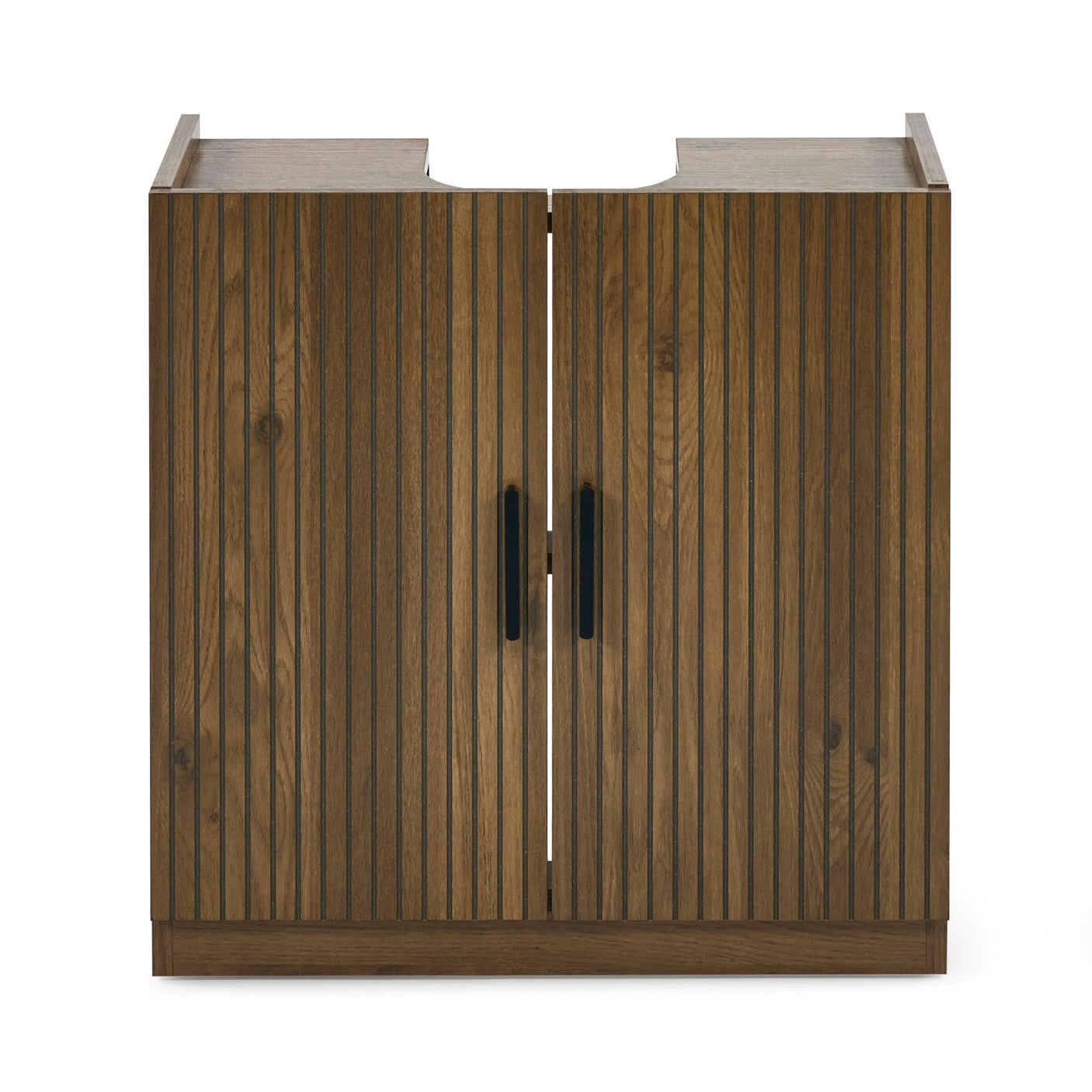 Side view of wooden under sink bathroom unit showing textured wood grain finish and groove detail