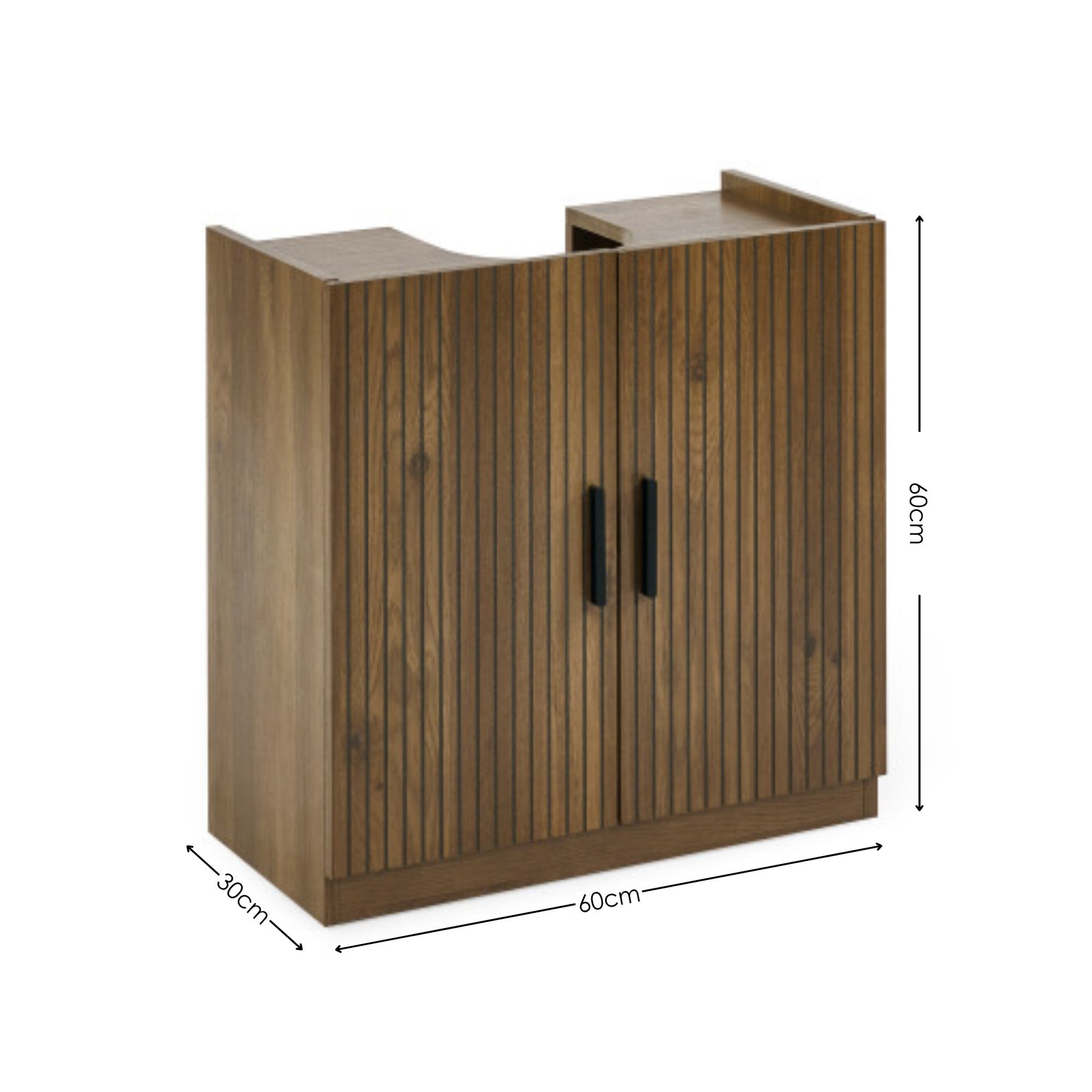Brown wooden under sink bathroom storage unit with vertical slats, black handles, and cutout for plumbing