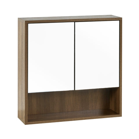 Brown wood rectangular bathroom cabinet with two large mirrored doors and bottom open shelf, isolated on white.