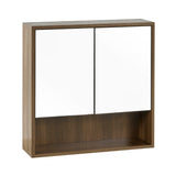 Brown wood rectangular bathroom cabinet with two large mirrored doors and bottom open shelf, isolated on white.