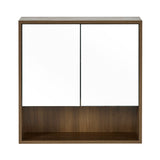 Front view of brown wood bathroom cabinet with two mirrored doors and open bottom shelf, plain white background.