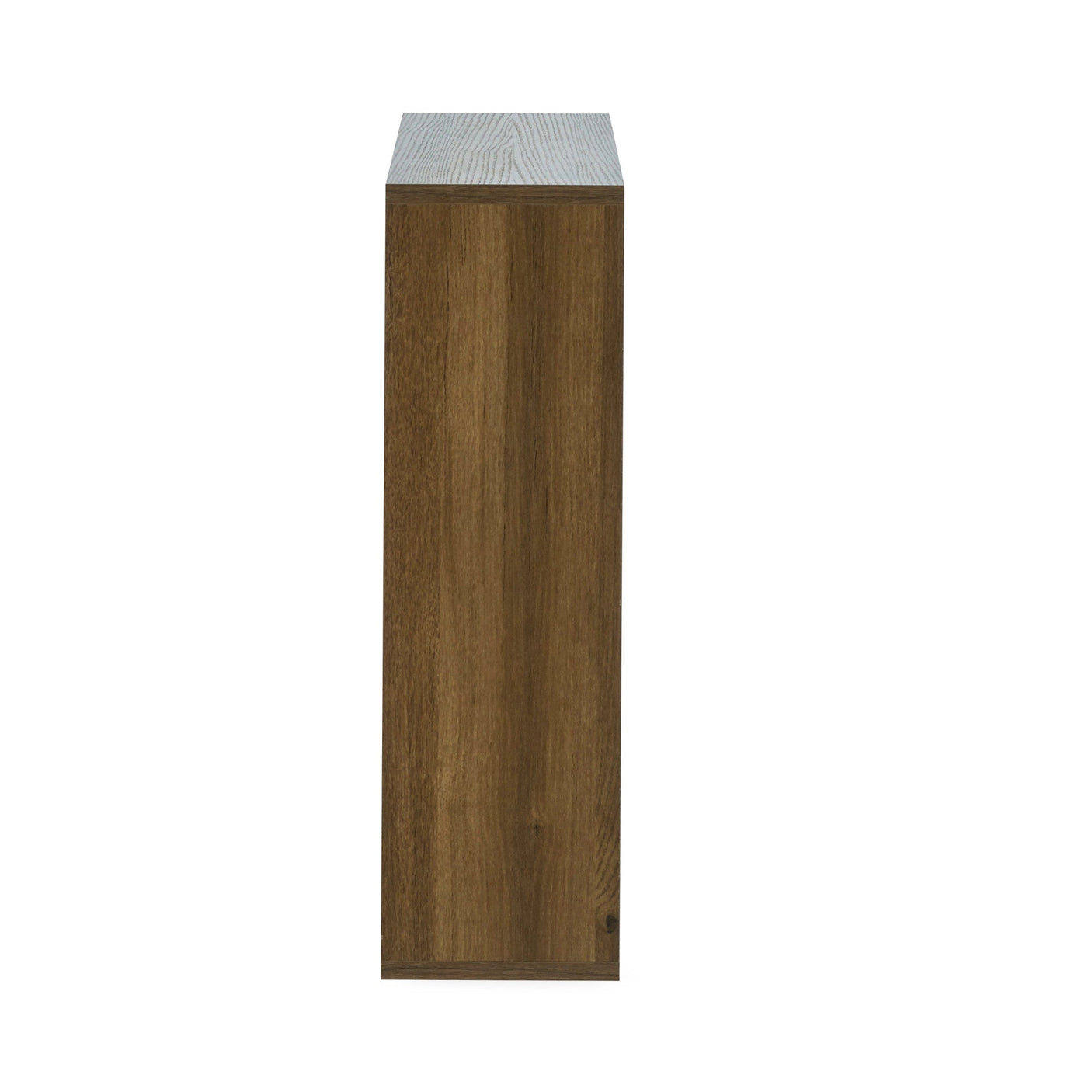 Side profile of brown wood bathroom wall cabinet showing flat wood panel and cabinet thickness.
