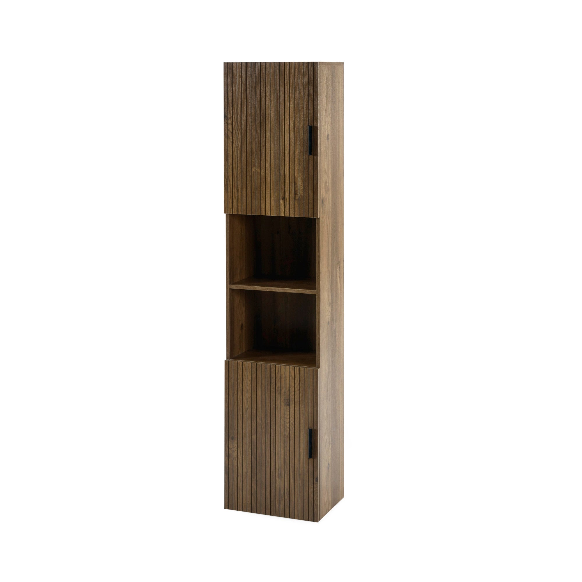 Front view of tall walnut bathroom cabinet with two closed slatted doors and two open shelves in the middle