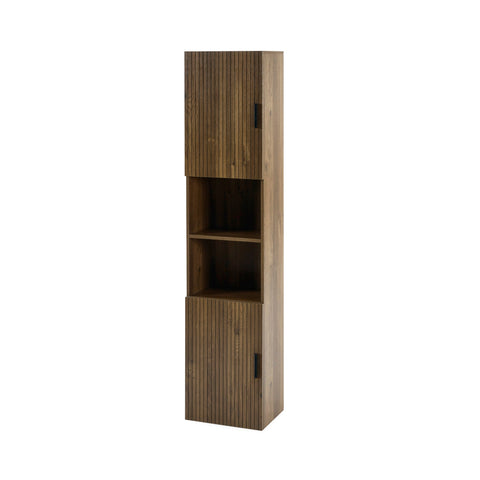 Front view of tall walnut bathroom cabinet with two closed slatted doors and two open shelves in the middle