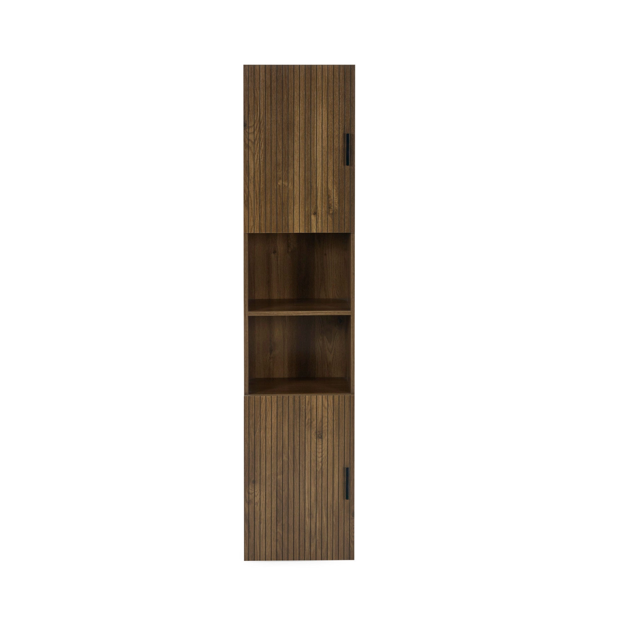 Side profile of tall walnut bathroom cabinet showing smooth wood grain with slatted doors shown in front view