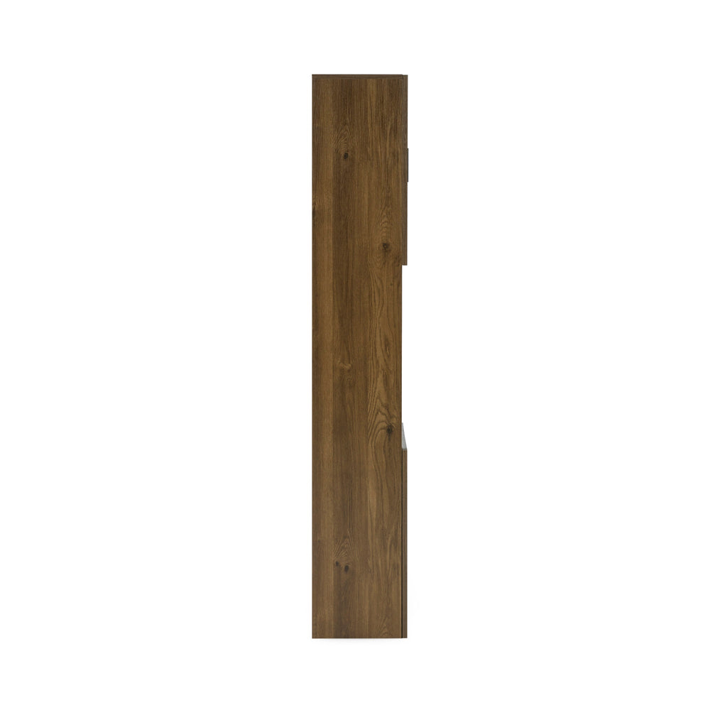 Close-up of slatted wood door with slim black handle partially open showing towels and bathroom accessories inside cabinet