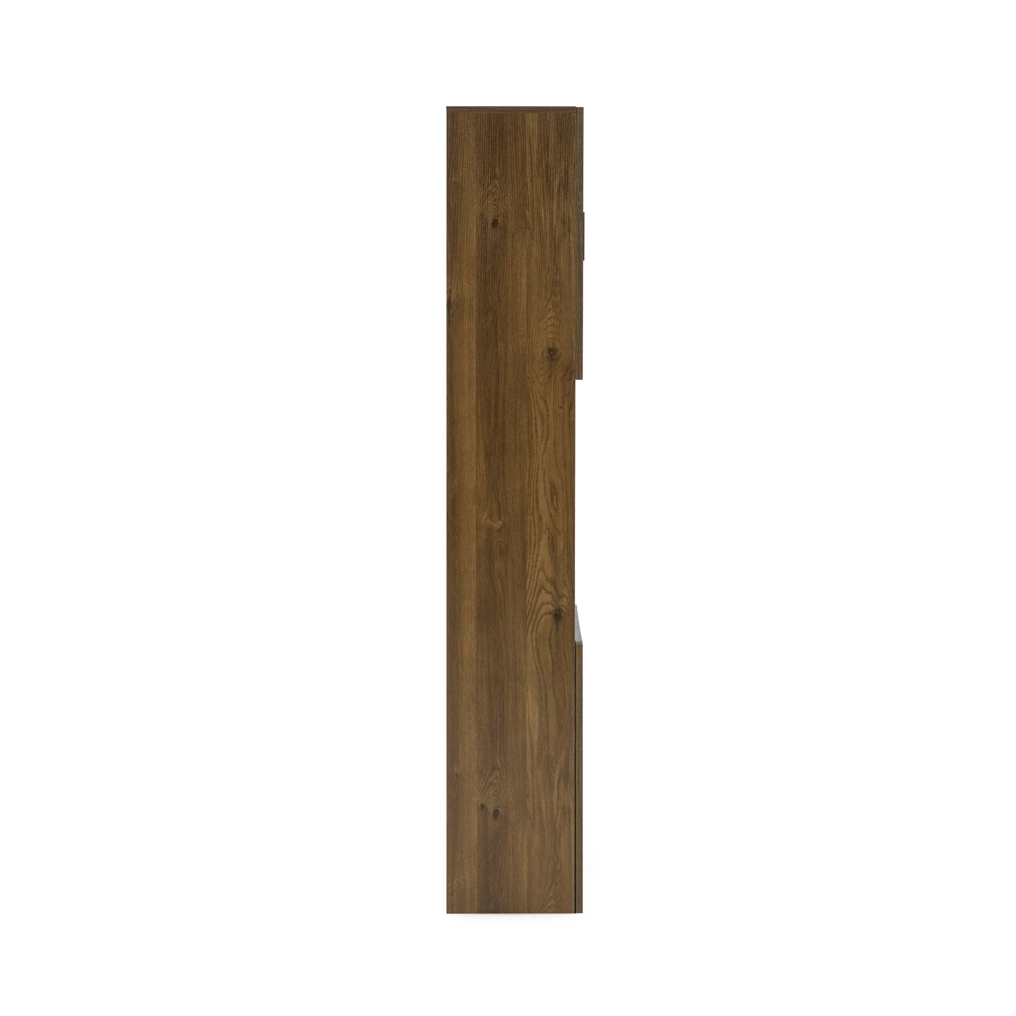 Close-up of slatted wood door with slim black handle partially open showing towels and bathroom accessories inside cabinet