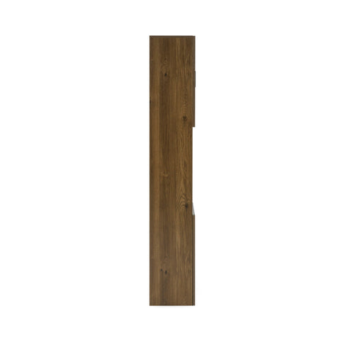 Close-up of slatted wood door with slim black handle partially open showing towels and bathroom accessories inside cabinet